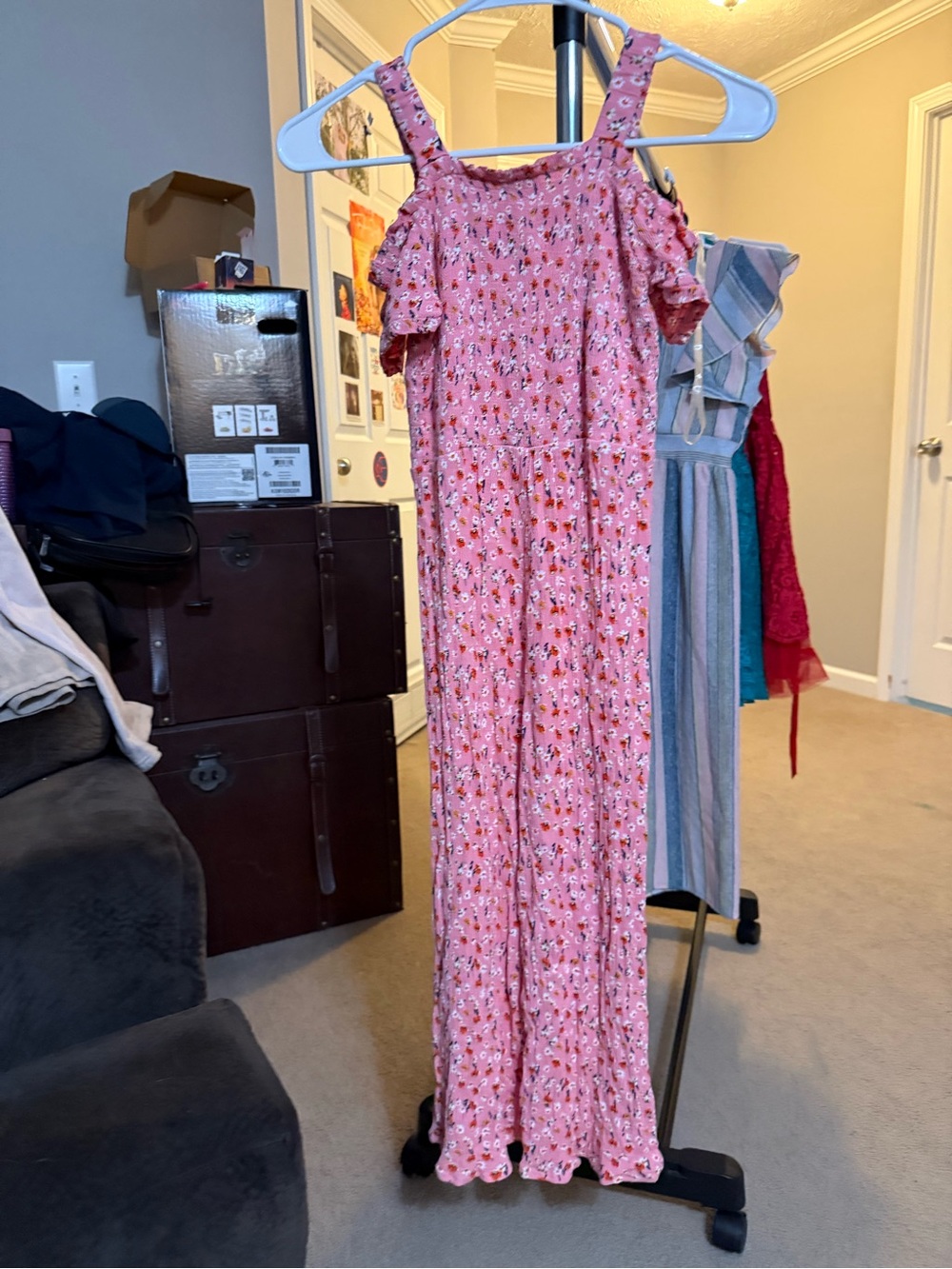 Belle Du Jour Pink Floral Cold-Shoulder Jumpsuit for Kids